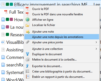 Menu contextuel (clic-droit) d'un document : option "Ajouter une note depuis les annotations"