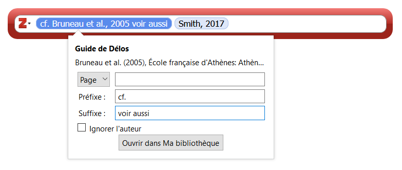 Boîte de dialogue de citation : ajouter un préfixe et un suffixe, bouton "Ouvrir dans Ma Bibliothèque"