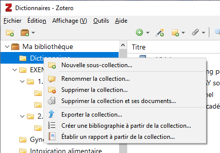 Menu contextuel (clic-droit) pour créer une collection