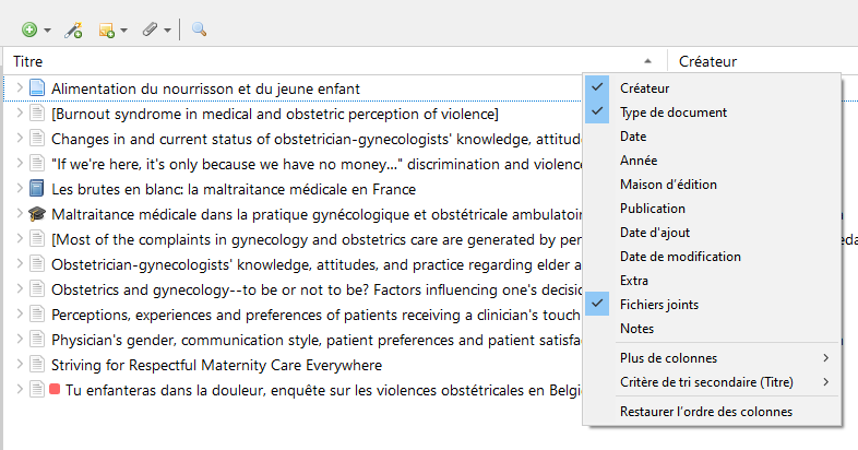 Menu contextuel (clic-droit) sur les en-têtes de colonne du panneau central pour modifier les critères de tri