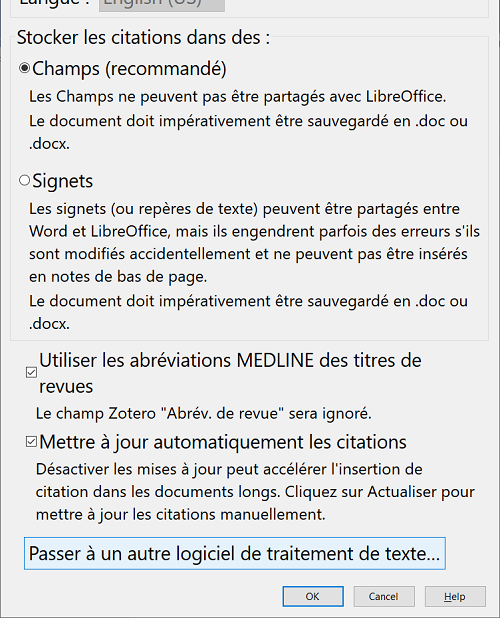 Écran des préférences Zotero dans un traitement de texte, avec le bouton permettant d'utiliser un autre logiciel de traitement de texte