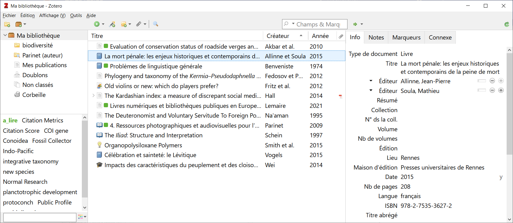 La fenêtre principale de Zotero et ses 3 panneaux