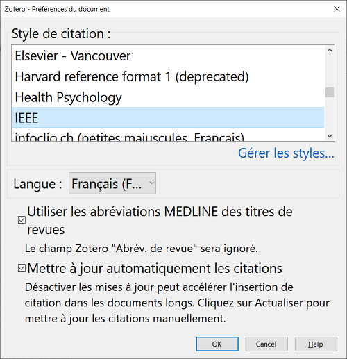 Fenêtre des préférences du document dans Google Docs