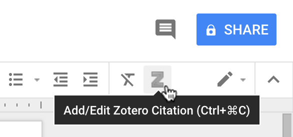 Bouton Zotero dans la barre d'outils de Google Docs