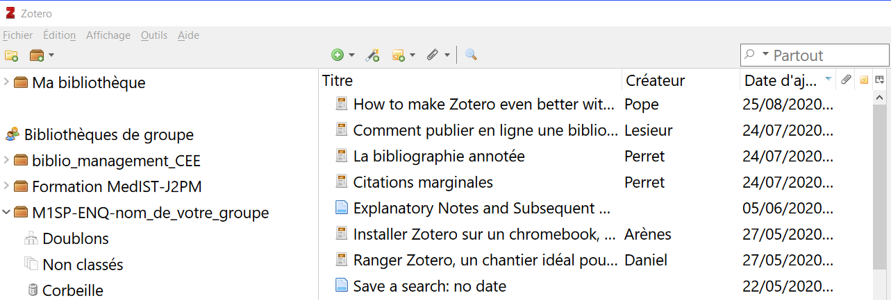 Affichage des bibliothèques de groupe en local dans le panneau de gauche de Zotero