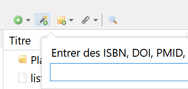 Fenêtre d'ajout d'un document par son identifiant, dans le panneau central de la fenêtre de Zotero