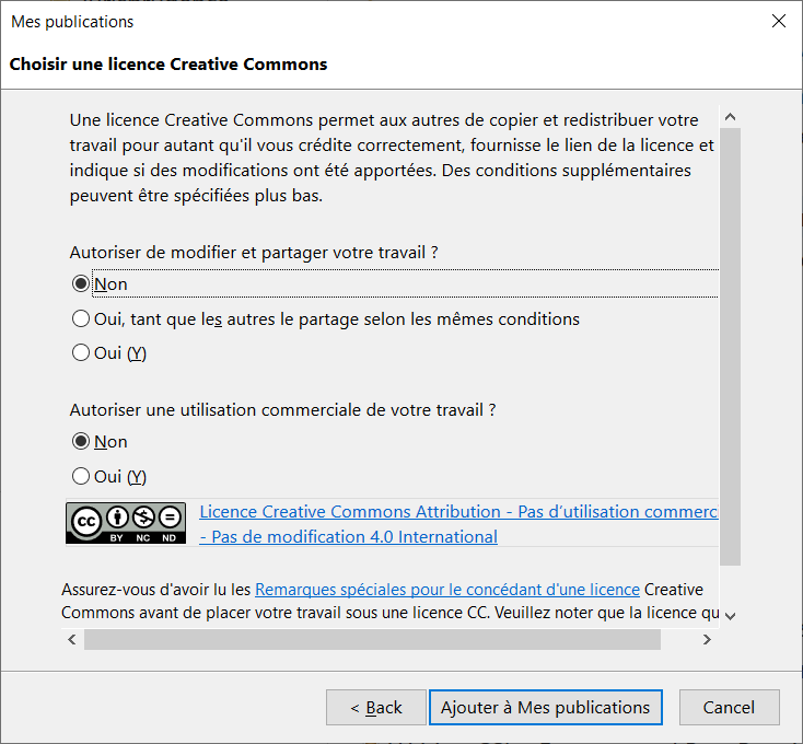 Boîte de dialogue d'ajout d'un document depuis la bibliothèque vers "Mes Publications" : choix des options de la licence Creative Commons et validation avec le bouton "Ajouter à Mes publications"