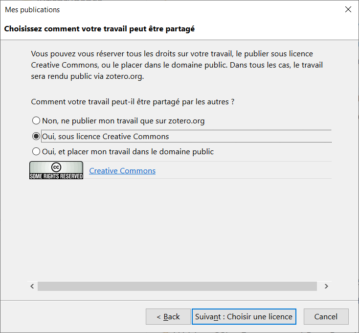 Boîte de dialogue d'ajout d'un document depuis la bibliothèque vers "Mes Publications" : choix des conditions de partage, avec sélection d'une licence Creative Commons