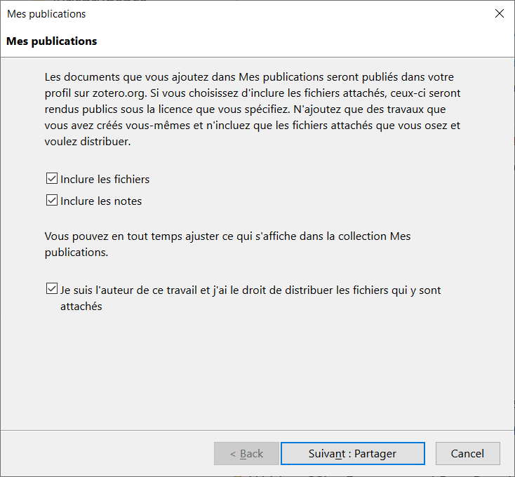 Boîte de dialogue d'ajout d'un document depuis la bibliothèque vers "Mes Publications" : choix des éléments à copier et confirmation de l'autorat