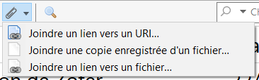 Options du bouton trombone en haut du panneau central de Zotero