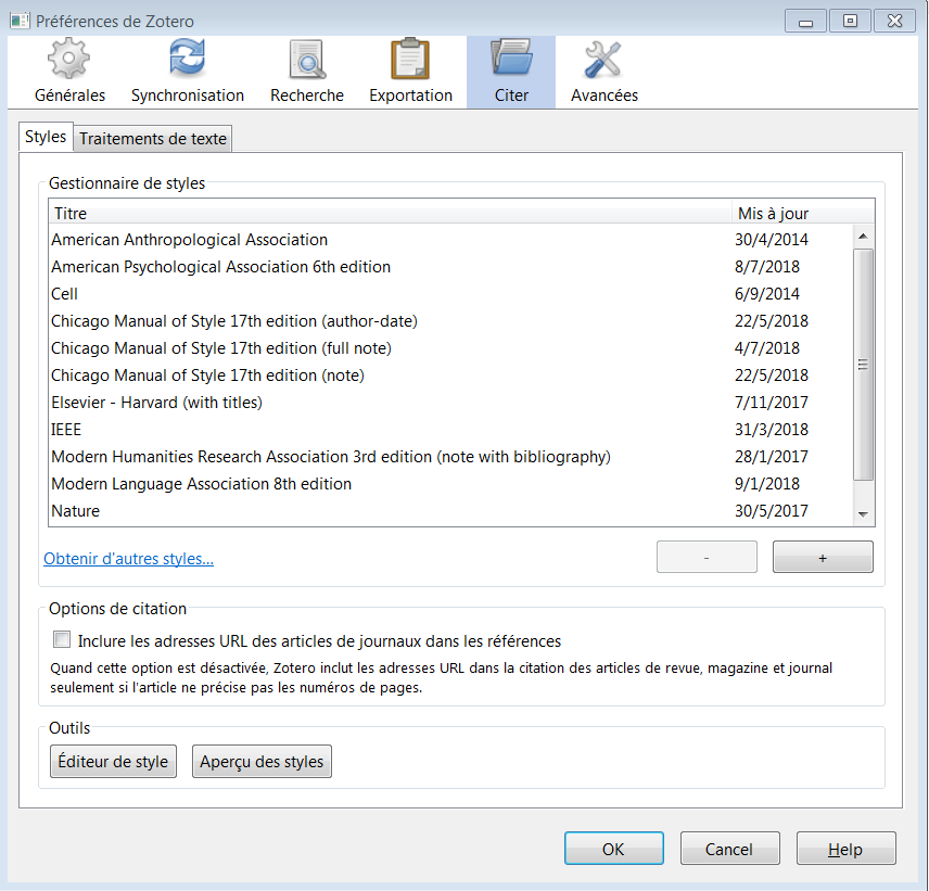 Onglet "Styles" du volet "Citer" des préférences de Zotero