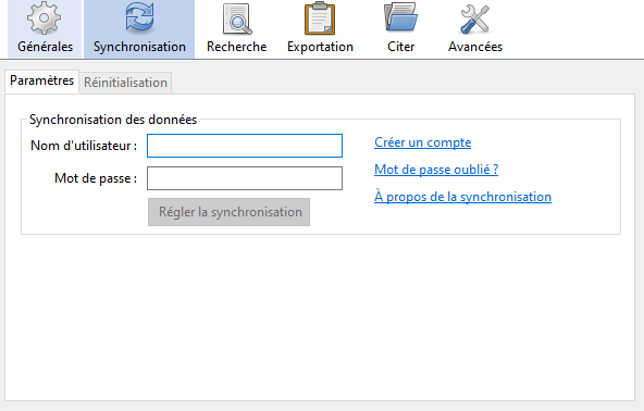 Fenêtre de paramétrage de la synchronisation : saisie du nom d'utilisateur et du mot de passe du compte Zotero à associer à l'instance locale