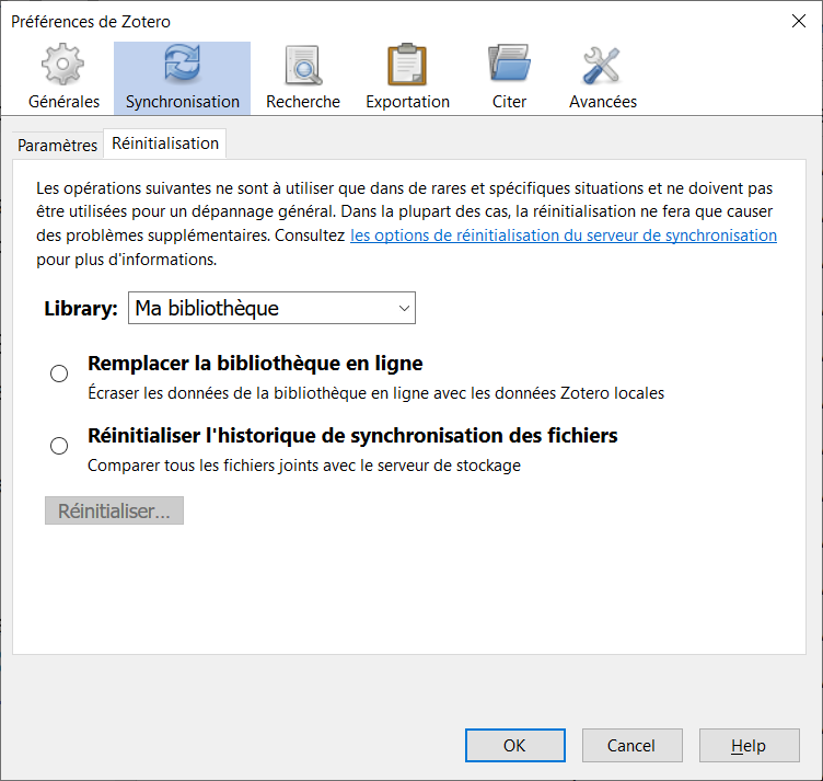 Montre où réinitialiser l’historique de synchronisation des fichiers de Zotero avec zotero.org