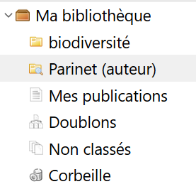 Recherche enregistrée, affichée dans le panneau de gauche de la fenêtre Zotero