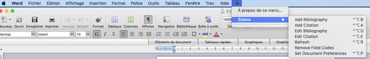 Commandes du module Word de Zotero affiché sous l'entrée Zotero dans le menu AppleScript