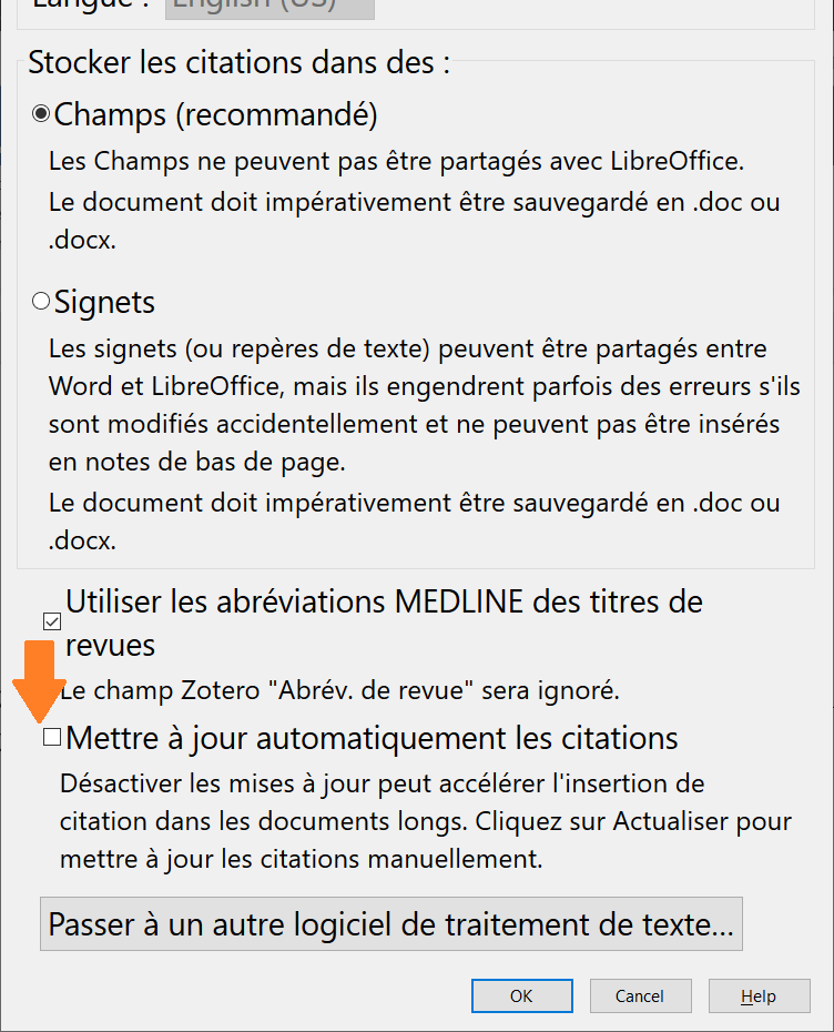 Case "Mise à jour automatique des citations" dans les préférences du document