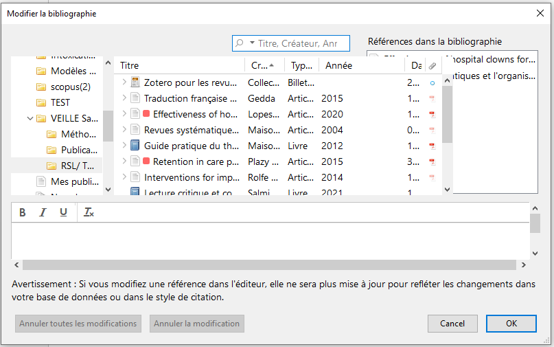Fenêtre "Modifier la bibliographie"
